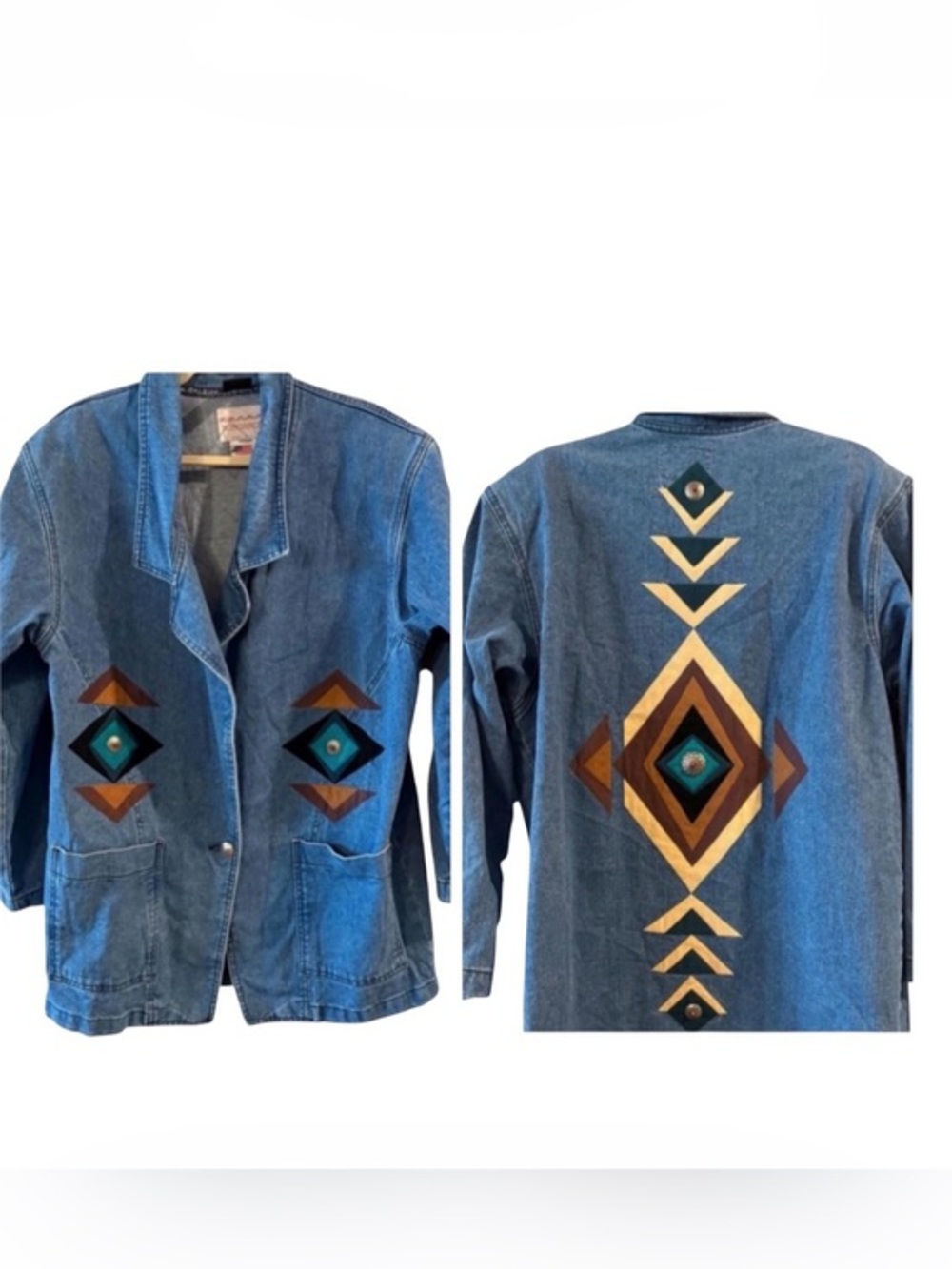 Sundance Blue Denim Jacket with Brown, Teal & Cream Geometric Motifs